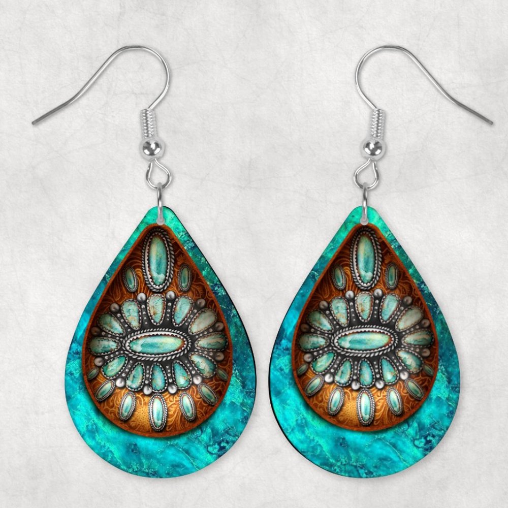 Women's Western Turquoise Gemstone Leather Design Teardrop Handmade Earrings
